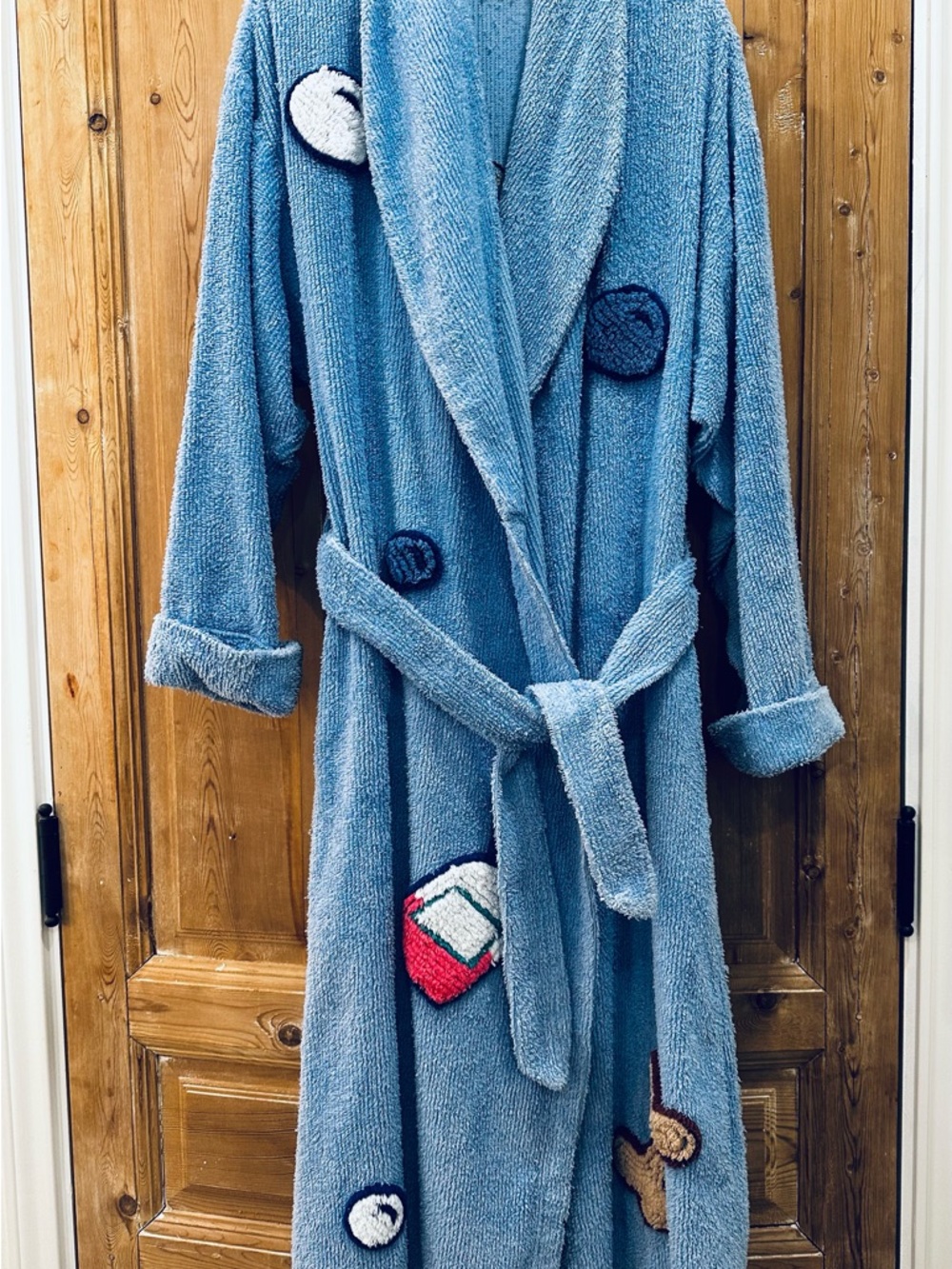 Canyon Group Chenille Blue Plush Bathrobe with Playful Pup Accents